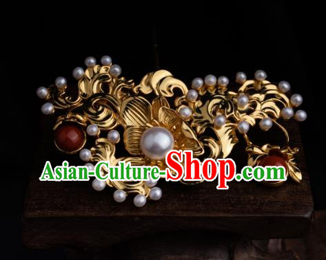 Chinese Ancient Ming Dynasty Princess Golden Hairpin Traditional Hanfu Pearls Hair Comb