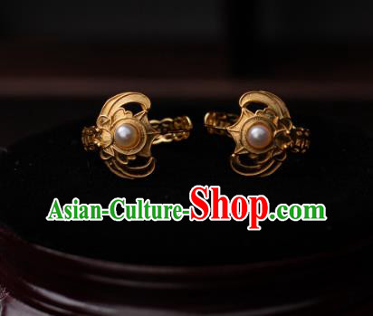 Chinese Traditional Qing Dynasty Empress Golden Bat Earrings Accessories Ancient Court Lady Pearls Ear Jewelry