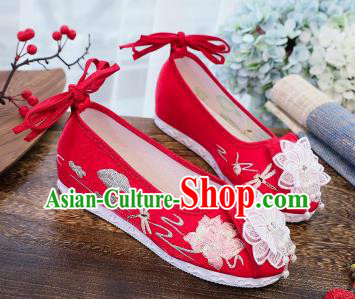 China Embroidered Lotus Shoes Traditional Hanfu Shoes Handmade National Red Cloth Shoes
