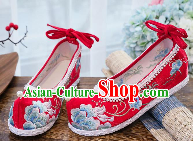 China Traditional Hanfu Bow Shoes Handmade National Pearls Shoes Embroidered Peony Shoes Wedding Red Shoes