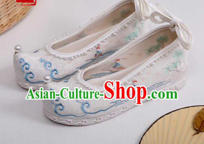 China Traditional Pearls Shoes Hanfu Bow Shoes Handmade National Shoes Embroidered Clouds Shoes