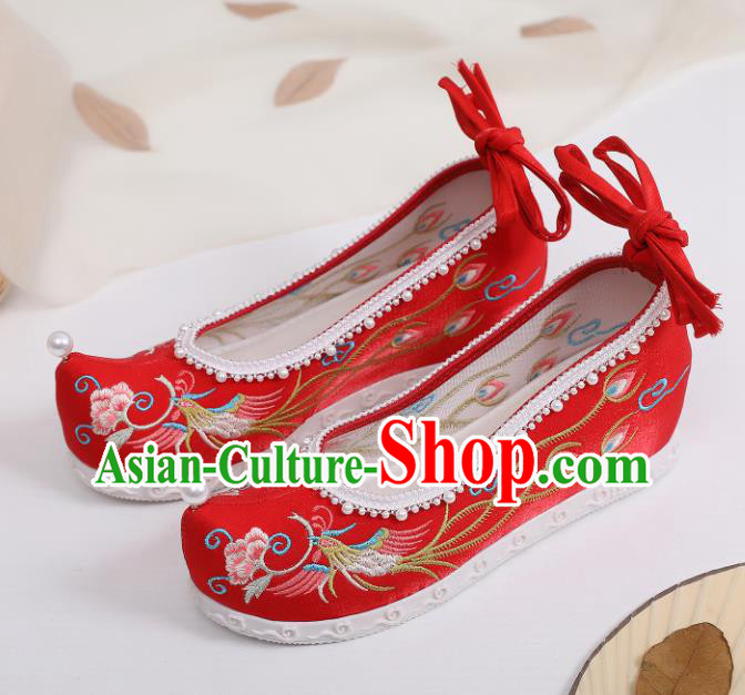 China Hanfu Bow Shoes Traditional Pearls Shoes Handmade National Shoes Embroidered Phoenix Red Shoes