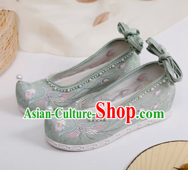 China Embroidered Phoenix Green Shoes Hanfu Bow Shoes Traditional Pearls Shoes Handmade National Shoes