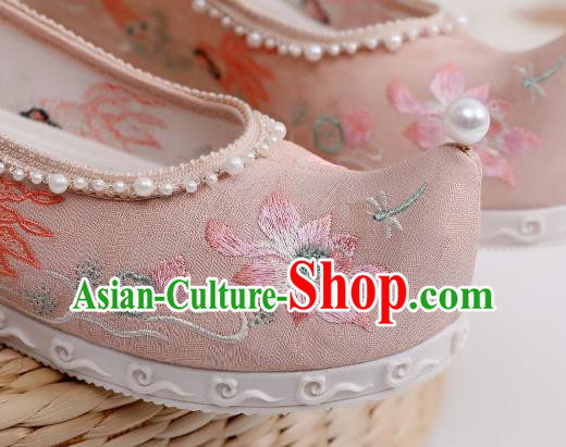 China Handmade National Pink Cloth Shoes Embroidered Lotus Shoes Hanfu Bow Shoes Traditional Pearls Shoes