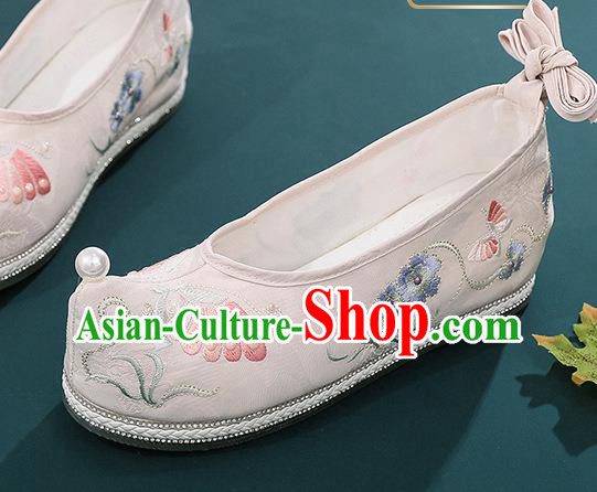 China Hanfu Bow Shoes Handmade National Light Pink Cloth Shoes Traditional Ming Dynasty Shoes Embroidered Butterfly Shoes