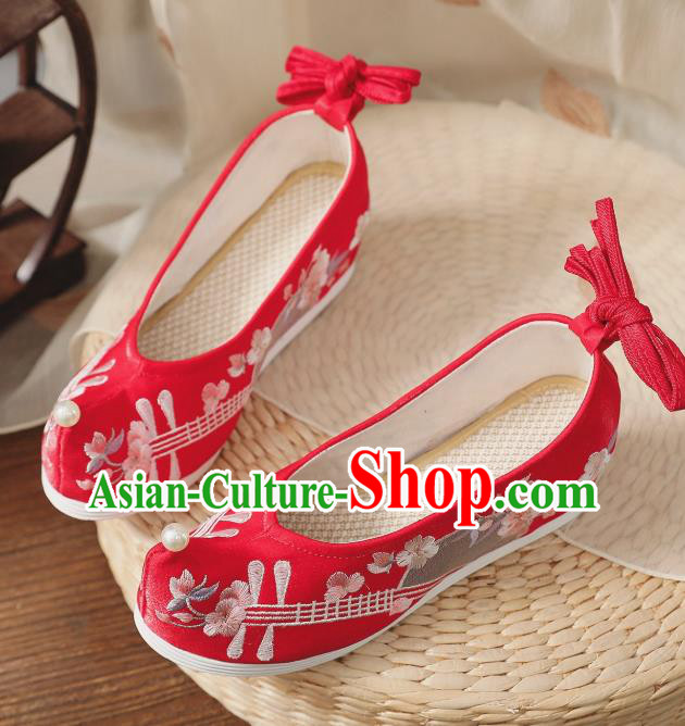 China Handmade Hanfu Bow Shoes National Red Cloth Shoes Traditional Wedding Shoes Embroidered Shoes
