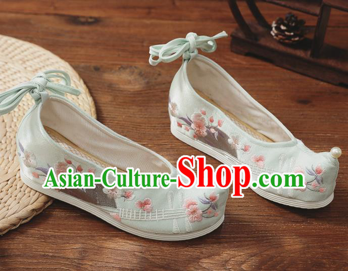 China Traditional Shoes Embroidered Shoes Handmade Hanfu Bow Shoes National Light Green Cloth Shoes