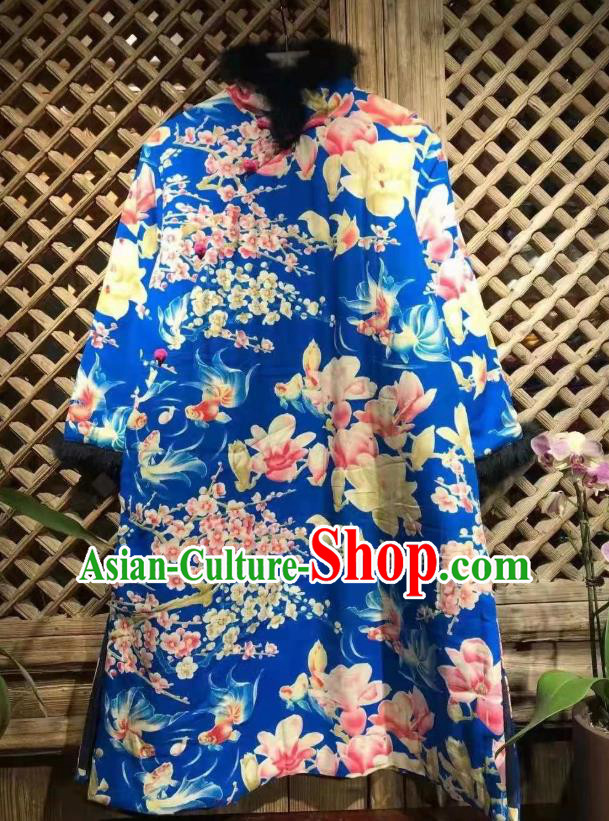 China National Costume Traditional Printing Mangnolia Blue Cloth Jacket Upper Outer Garment