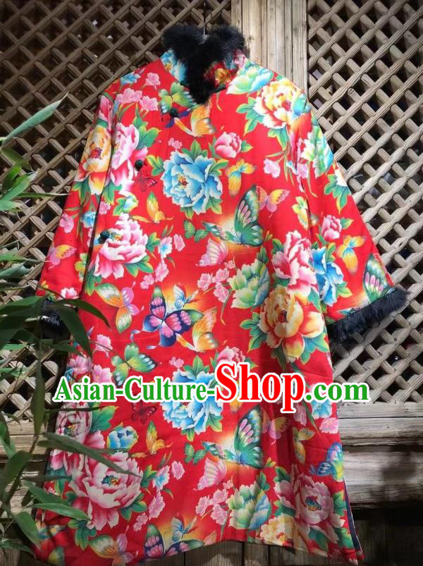 China National Upper Outer Garment Costume Traditional Printing Peony Butterfly Red Cloth Jacket