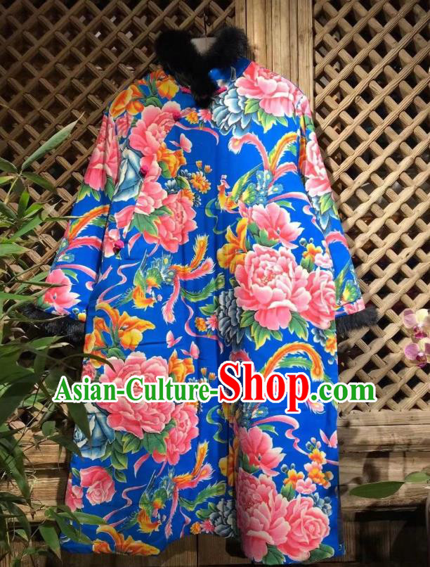 China Traditional Printing Phoenix Peony Royalblue Cloth Jacket National Costume Upper Outer Garment