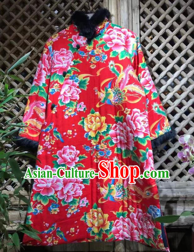 China National Wedding Upper Outer Garment Winter Costume Traditional Printing Phoenix Peony Cotton Padded Coat