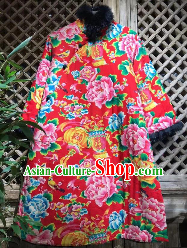 China Traditional Printing Peony Lantern Cotton Padded Coat National Wedding Upper Outer Garment Tang Suit Costume