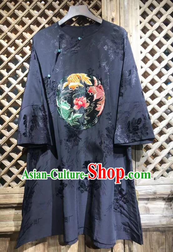 China Embroidered Lotus Goldfish Blouse Traditional Peony Pattern Navy Silk Shirt National Tang Suit Upper Outer Garment