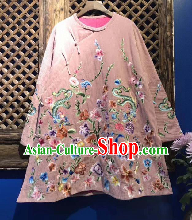 China Embroidered Flowers Cotton Padded Jacket Traditional National Tang Suit Upper Outer Garment