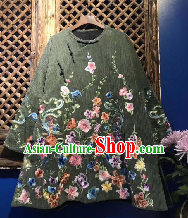 China Traditional Embroidered Flowers Cotton Padded Jacket National Tang Suit Upper Outer Garment Atrovirens Coat