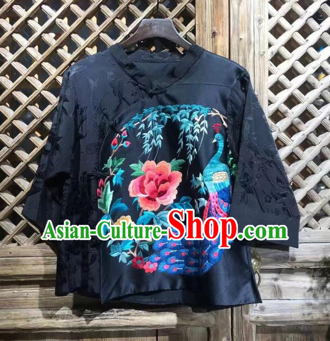 China Traditional Embroidered Peony Blue Peacock Silk Shirt National Tang Suit Blouse Upper Outer Garment
