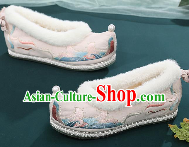 China Traditional Winter Shoes Handmade National Pink Cloth Shoes Embroidered Shoes Hanfu Bow Shoes