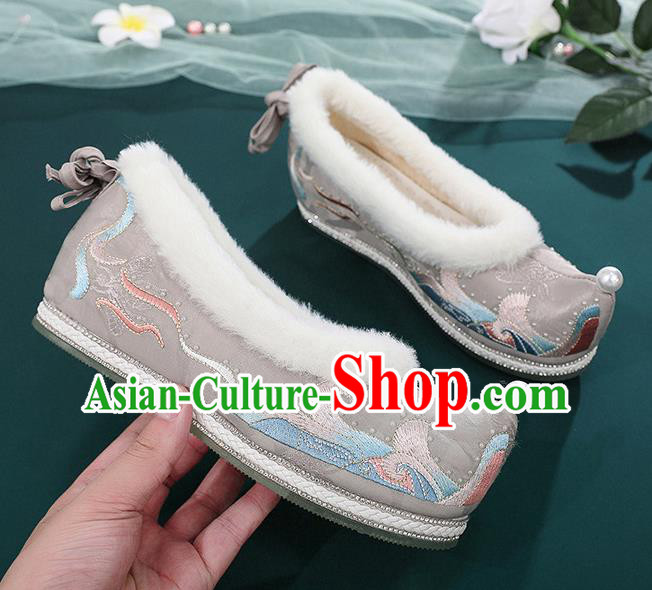 China Handmade National Grey Cloth Shoes Embroidered Shoes Hanfu Bow Shoes Traditional Winter Shoes