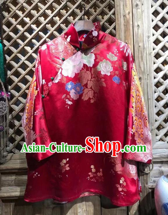 China National Tang Suit Upper Outer Garment Classical Peony Pattern Coat Traditional Red Silk Jacket