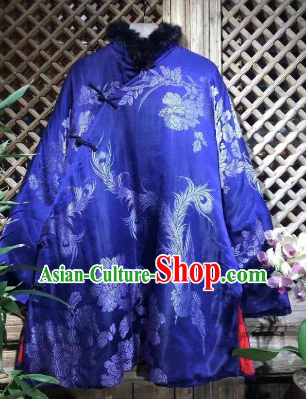 China National Tang Suit Outer Garment Blue Silk Cotton Wadded Coat Traditional Phoenix Peony Pattern Jacket