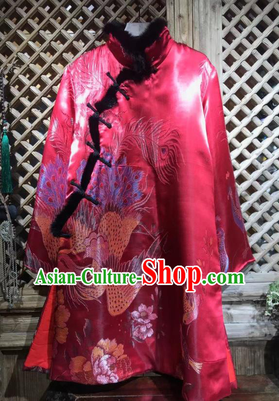 China National Tang Suit Outer Garment Rosy Silk Cotton Wadded Coat Traditional Phoenix Pattern Jacket