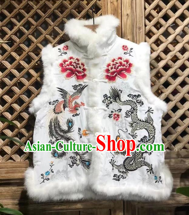 Republic of China Tang Suit White Silk Waistcoat Embroidered Dragon Phoenix Cotton Padded Vest