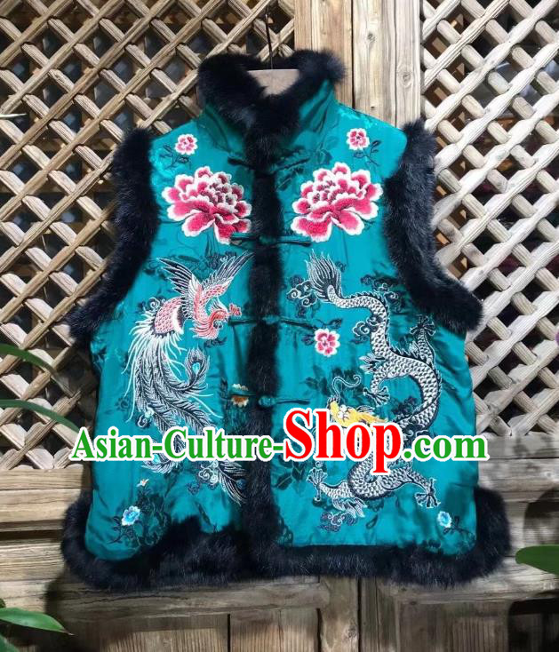 Republic of China Embroidered Dragon Phoenix Cotton Padded Vest Tang Suit Blue Silk Waistcoat