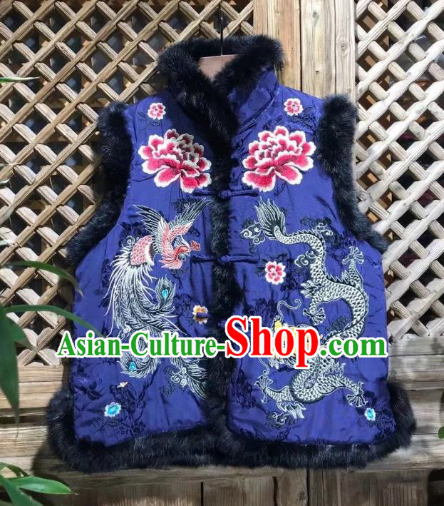 Republic of China Tang Suit Royalblue Silk Waistcoat Embroidered Dragon Phoenix Vest Winter Clothing