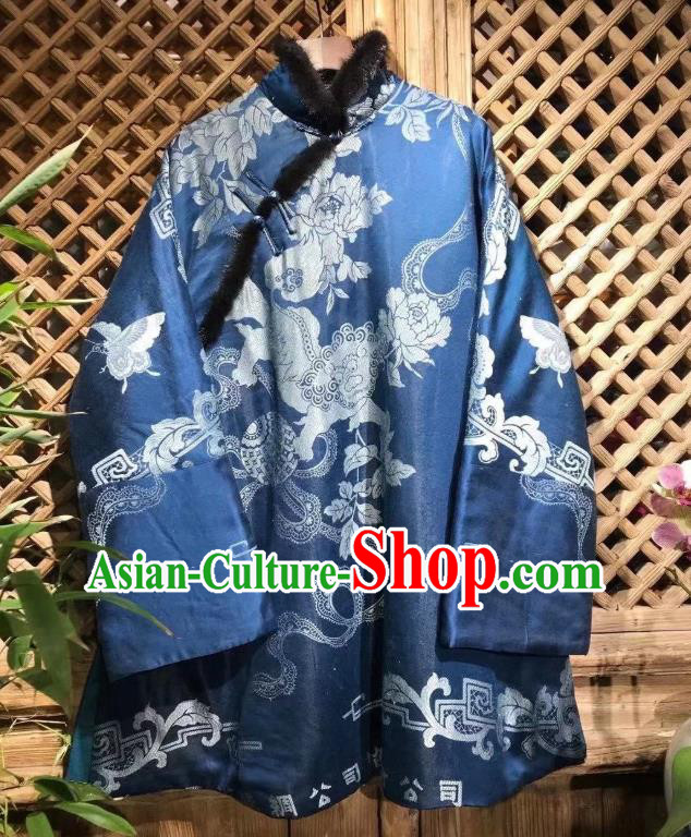 China Traditional Kylin Pattern Cotton Wadded Jacket National Tang Suit Outer Garment Classical Blue Silk Coat