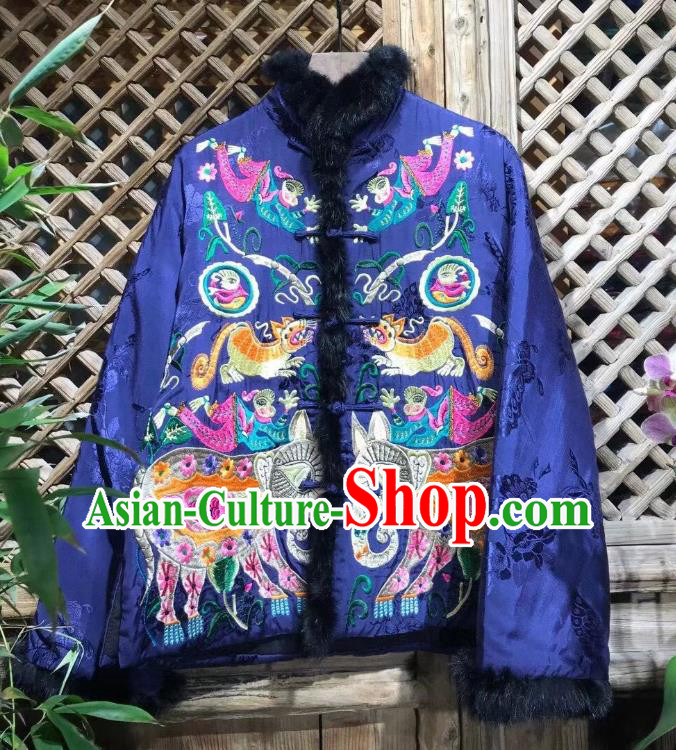 China Traditional Embroidered Cotton Padded Jacket National Tang Suit Outer Garment Royalblue Silk Coat