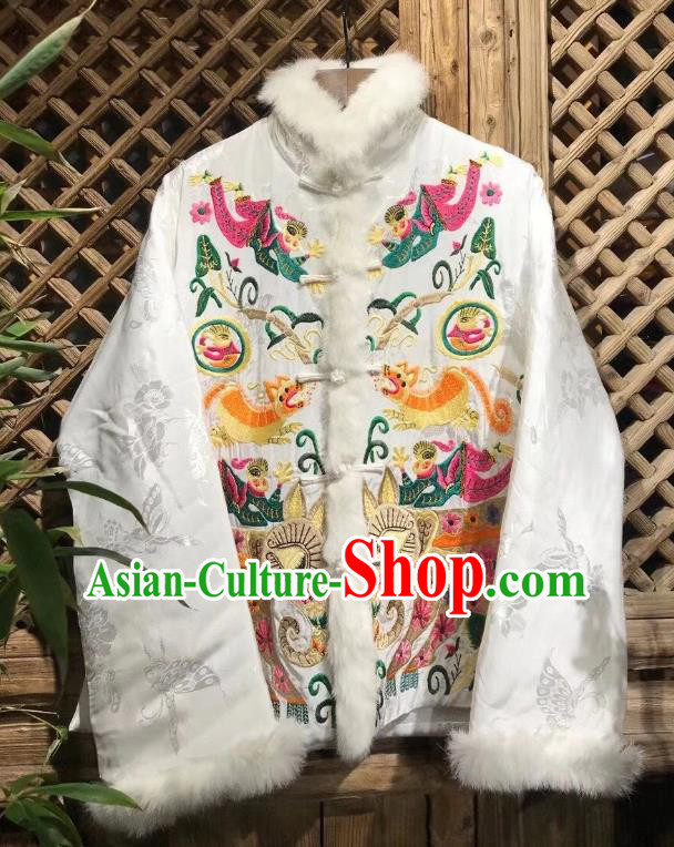 China Tang Suit White Silk Coat Traditional Embroidered Cotton Padded Jacket National Outer Garment