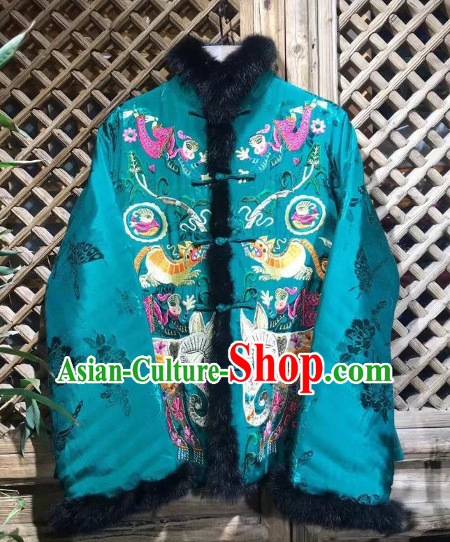 China Traditional Embroidered Cotton Padded Jacket National Outer Garment Tang Suit Green Silk Coat