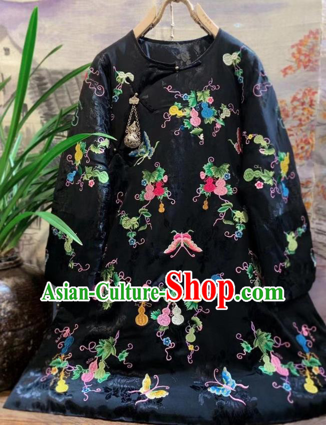 China Tang Suit Black Satin Cotton Padded Coat Traditional Embroidered Butterfly Jacket National Outer Garment