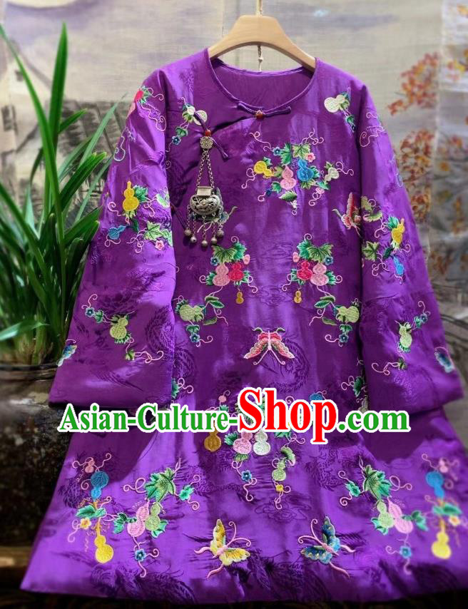 China Traditional Embroidered Butterfly Purple Silk Jacket National Outer Garment Tang Suit Cotton Padded Coat