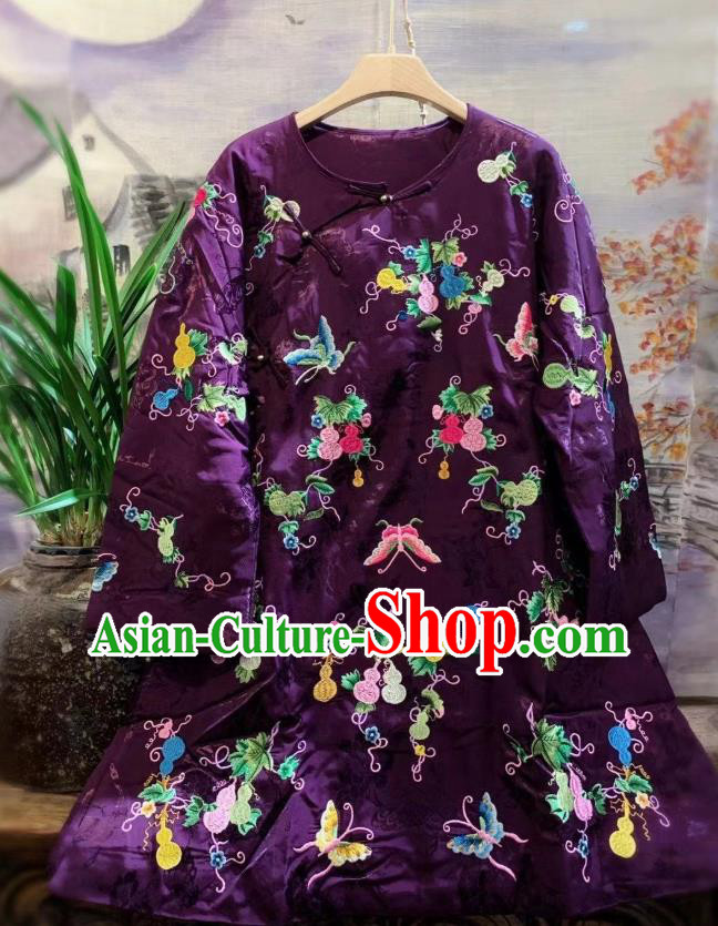 China Tang Suit Cotton Padded Coat Traditional Embroidered Butterfly Deep Purple Silk Jacket National Outer Garment
