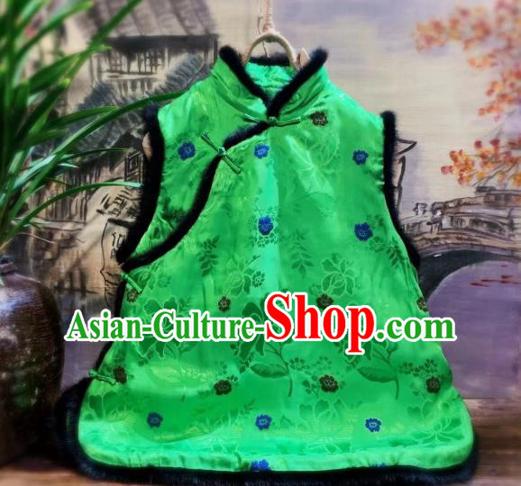 China Women Upper Outer Garment Clothing Tang Suit Green Silk Waistcoat National Winter Vest