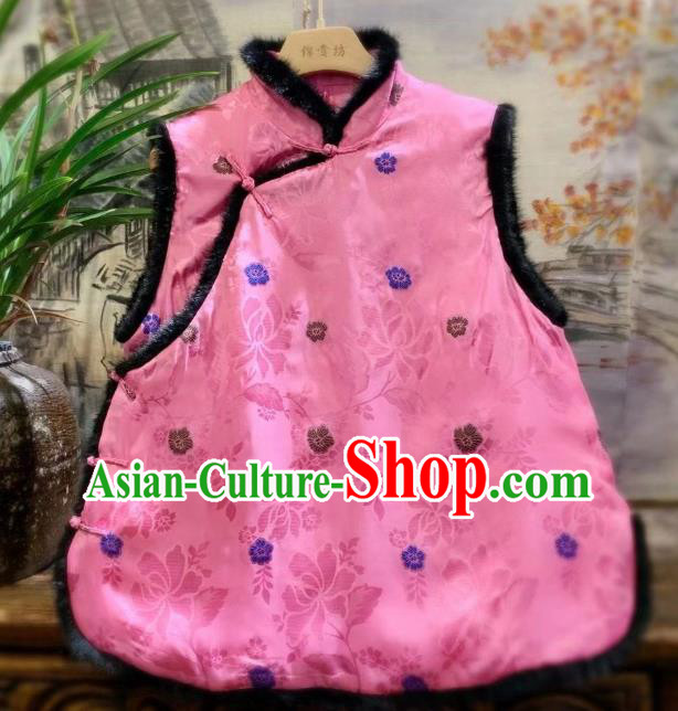 China National Winter Vest Women Clothing Tang Suit Pink Silk Waistcoat