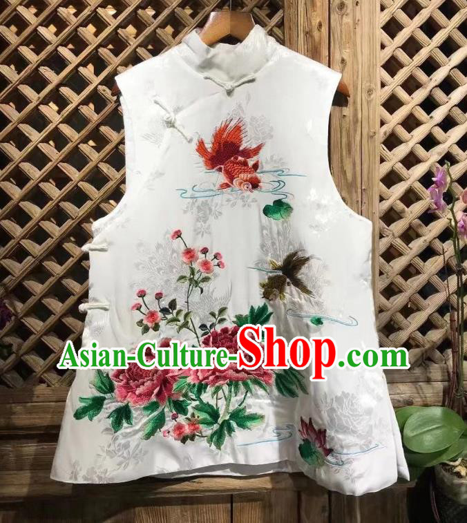 Republic of China Tang Suit White Silk Waistcoat Embroidered Peony Vest Clothing