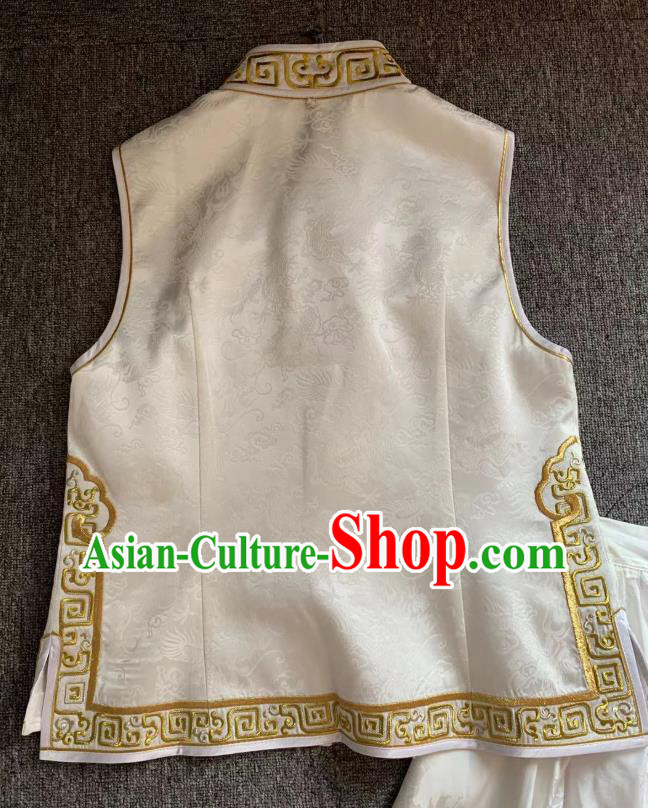 Republic of China Embroidered Dragon Vest Clothing Tang Suit White Silk Waistcoat