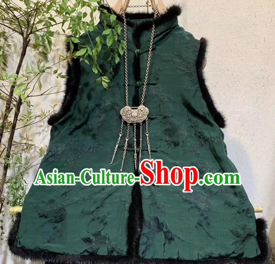 China Winter Clothing Goldfish Pattern Silk Vest Tang Suit Atrovirens Waistcoat National Women Upper Outer Garment