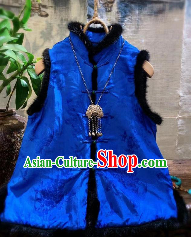 China Tang Suit Royalblue Waistcoat National Women Upper Outer Garment Winter Clothing Peacock Pattern Silk Vest