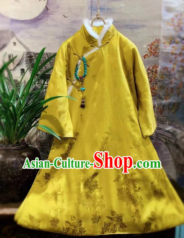 China Tang Suit Cotton Padded Coat Traditional Chrysanthemum Pattern Yellow Silk Jacket National Outer Garment