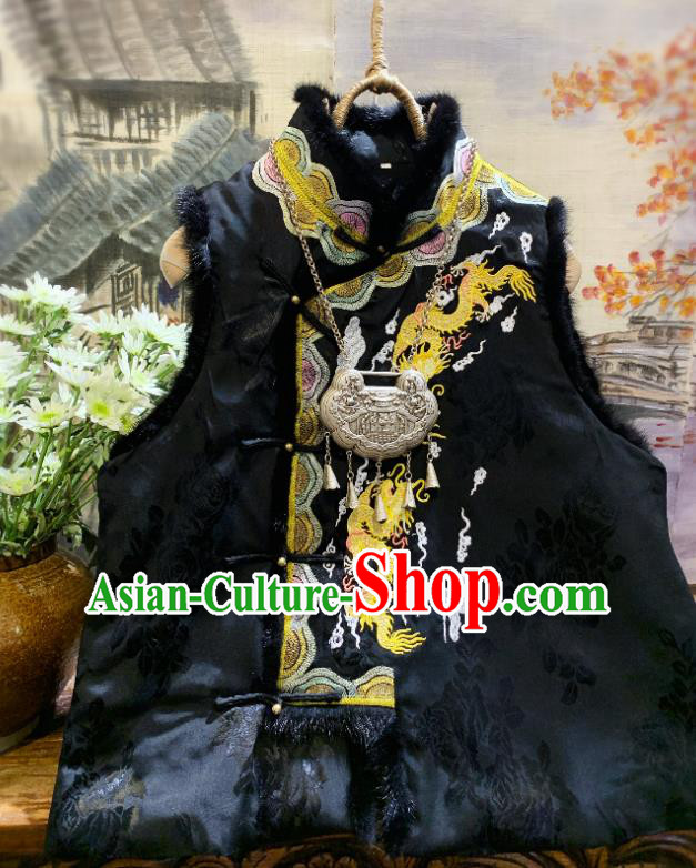 China National Upper Outer Garment Clothing Embroidered Dragon Black Vest Tang Suit Silk Waistcoat