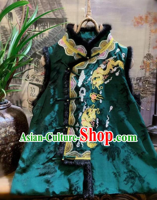 China Tang Suit Silk Waistcoat National Upper Outer Garment Clothing Embroidered Dragon Green Vest