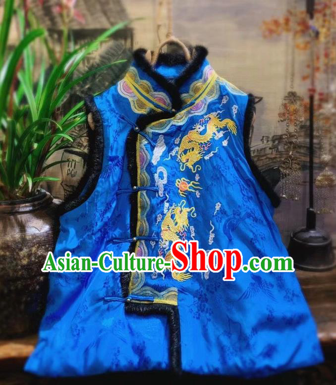 China National Upper Outer Garment Clothing Embroidered Dragon Royalblue Vest Tang Suit Silk Waistcoat