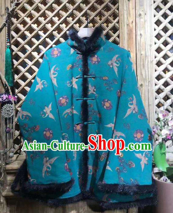China National New Year Outer Garment Traditional Cranes Pattern Blue Jacket Tang Suit Cotton Padded Coat