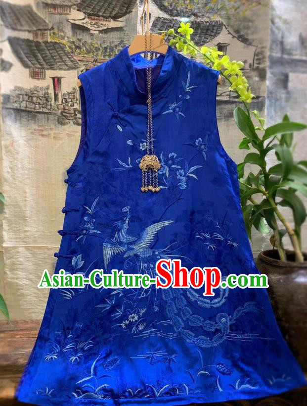 China Tang Suit Royalblue Silk Waistcoat National Clothing Embroidered Phoenix Vest