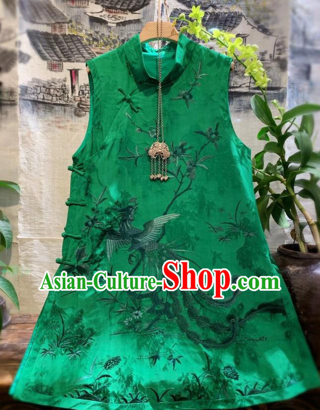 China Embroidered Phoenix Vest Tang Suit Green Silk Waistcoat National Clothing