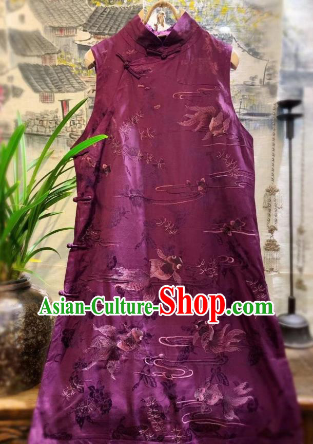 China National Clothing Embroidered Goldfish Vest Tang Suit Purple Silk Waistcoat