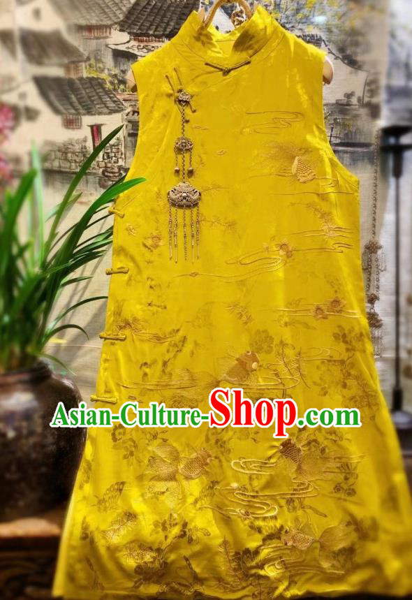 China National Female Clothing Embroidered Goldfish Long Vest Tang Suit Yellow Silk Waistcoat